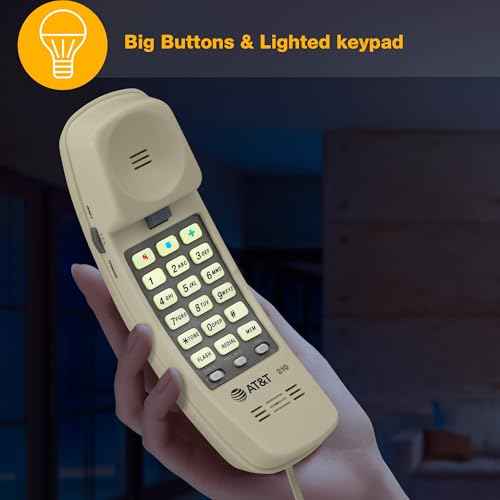 AT&T TRIMLINE 210 Corded Home Phone, No AC Power Required, Improved Easy-Wall-Mount, Lighted Big Button Keypad, 13 SpeedDial Keys, Last Number Redial, Mute, Flash, Volume Control, Beige
