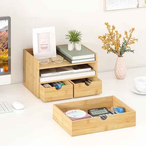 Wisuce Desk Organizer with Drawers - Bamboo Desktop Organizer Storage-Natural Wood Desk Drawers Organizer for Bills, Office Supplies, Cosmetics, Seals No Assembly Required (3 Drawers£¨top-bottom))
