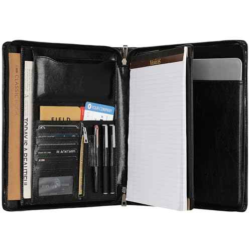 Vegan Leather Portfolio, Zippered Portfolio Binder Personalized Business Padfolio with Tablet Holder for A4 Letter Size Notepad & 13 Inch Laptop/Tablet - Black