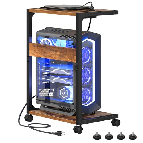 HOOBRO Rustic Brown 2-Tier Computer Tower Stand with Charging Station, Locking Casters