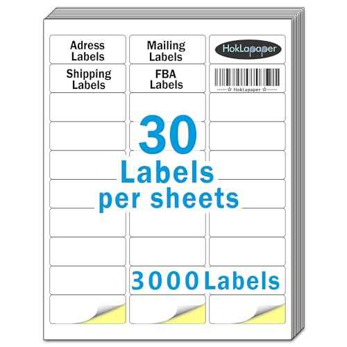 HokLa Paper Mailing Labels, 3000 (100 Sheets), White, 1" x 2-5/8", Laser/Inkjet Printer, Permanent Adhesive