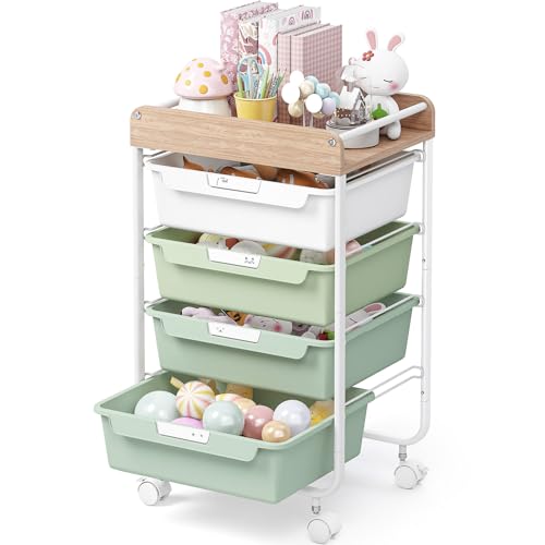 SYKIARIOL Green 4-Drawer Rolling Storage Cart with Wooden Top, Multi-Use Organizer