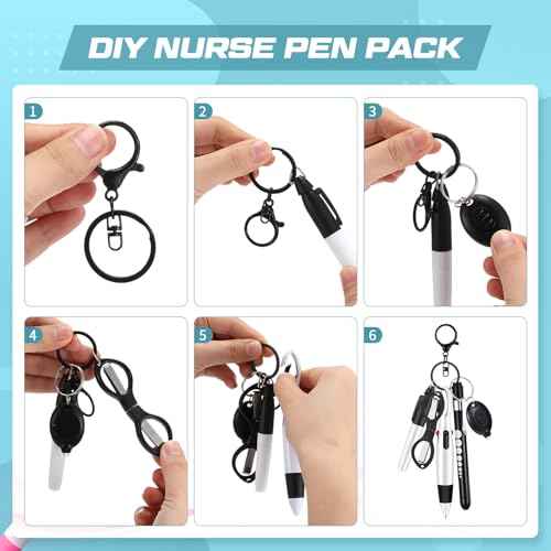 6 Pcs Nurse Pen Set Include Permanent Marker Pen Retractable Ballpoint Pen Keychain Clip Foldable Scissors Lights LED Flashlight Keychain for Nurse Accessories(Black)
