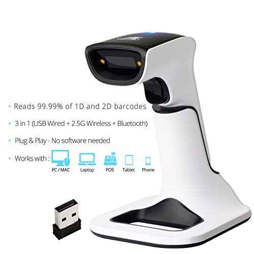 ScanAvenger Wireless Portable 1D&2D with Stand Bluetooth Barcode Scanner: 3-in-1 Handheld Scanner, Rechargeable Battery for Inventory - USB Bar Code/QR Reader (1D&2D with Next Gen Stand)