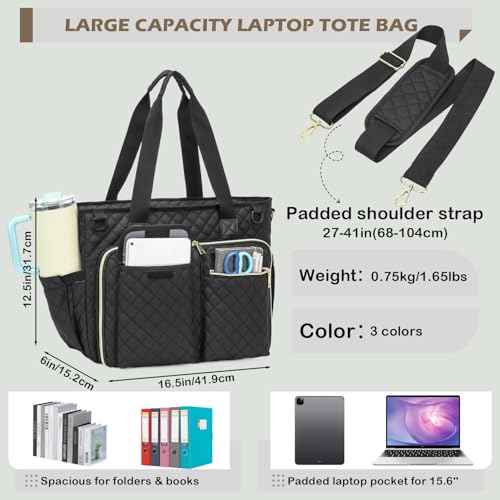 Teacher Tote Bag - 15.6 inch Laptop Teacher Bags for Women, Nurse Bags for Work, Nursing, College, Office & Commuter, Womens Briefcase Quilted Tote Handbag with Insulated Pockets, Black