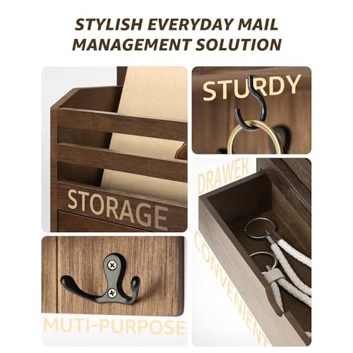Rebee Vision Farmhouse Wood Mail Organizer Wall Mount - Key and Mail Holder for Wall with Storage Drawer and 7 Key Hooks - Rustic Home Decor for Entryway, Office and Garage (Retro Brown)