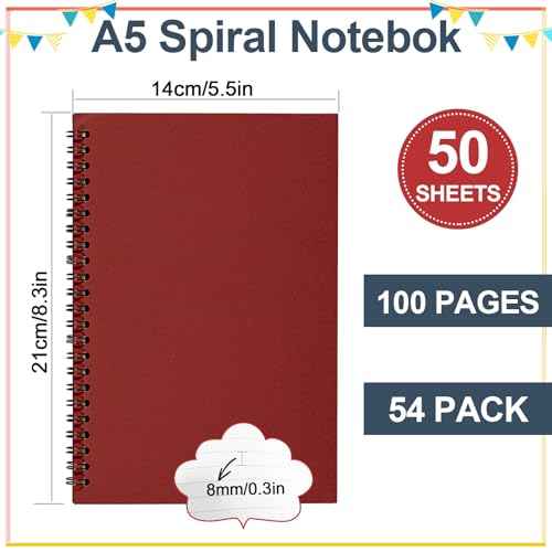 Spiral Notebook Bulk,54 Pcs A5 Notebook,8.3 x 5.5 Inch Spiral Notebooks,College Ruled Spiral Journal Notebook for Office Business School Gifts Supplies,100 Pages/50 Sheets, 9 Colors