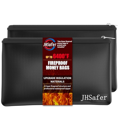 JHSafer Black 11"x6.3" 6400°F Fireproof Money Bags with Zipper (Set of 2)