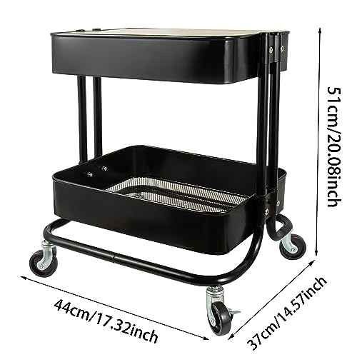 2 Tier Utility Cart£¬Metal Rolling Cart with Wheels and Cover for Office Home Kitchen Organization (Black-1, 2 Tier)