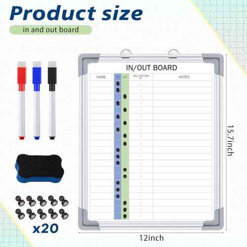 Lincia in and Out Magnetic Dry-Erase Board 16" x 12" Aluminum Framed White Board with Lines 21 Names with Magnetic Dry-Erase Marker, Eraser, and 20 Magnets Wall-Mounted for Office Employee