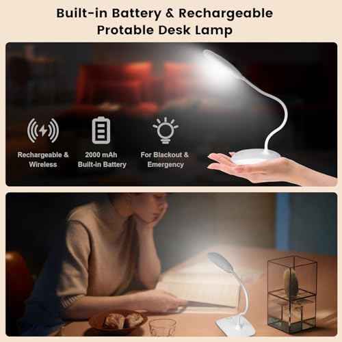Battery Powered Desk Lamp, Portable Lamps Rechargeable 3 Color Modes Touch Control Stepless Dimming, Wireless Desk Lamp with 2000mAh, Small LED Table Light for Dorm Study Office Bedroom,Black