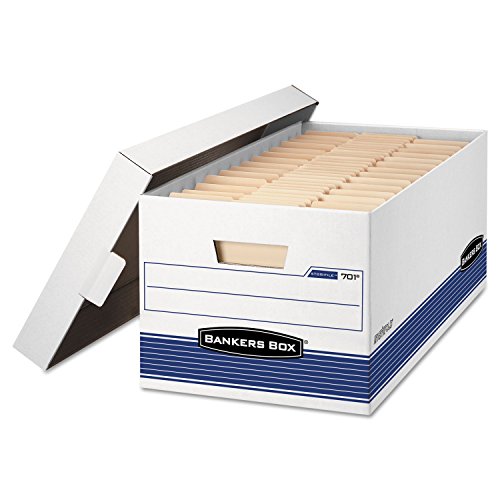 Bankers Box 4 Pack STOR/File Medium-Duty File Storage Boxes, FastFold, String and Button, Legal, White/Blue