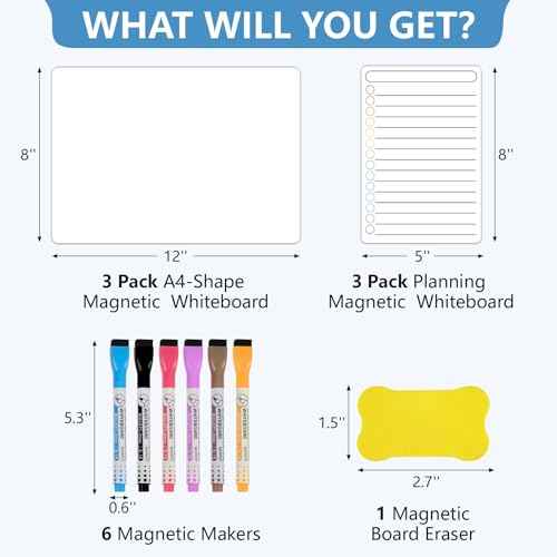 6 Pack Magnetic Dry Erase Board, 3 Pack 8'' x 12'' & 3 Pack 5'' x 8'' Magnetic Whiteboard for Fridge, Magnetism Notepad for Fridge with 6 Markers, 1 Eraser
