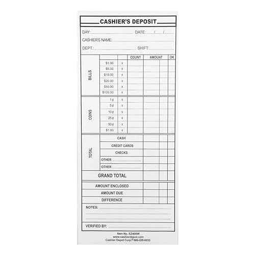 500 Cashier Depot - Cashier's Report Envelopes EZ400W, 4 1/8 x 9 1/2 Inch, White 24lb Paper, Gum Flap Closure, Cash Drop for Business Deposits, 500 Count