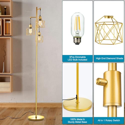FAITHSAIL Industrial Tree Floor Lamp with Metal Cage Shade, 3-Light Farmhouse Rustic Tall Standing Lamp, Vintage Gold Pole Light for Living Room Bedroom Office Hotel