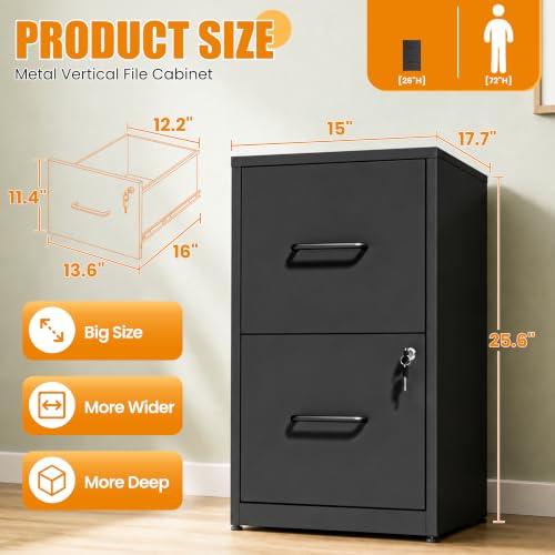 Yukimo 2-Drawer File Cabinet with Lock — Metal Vertical Filing Cabinet for Home Office, Hanging Legal/Letter/A4, Assembly Black