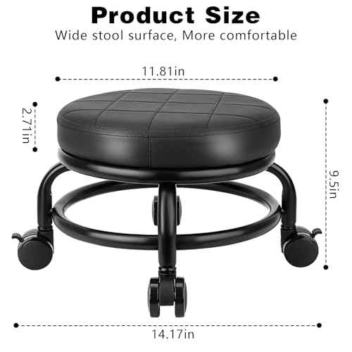 Low Roller Stool Low Height Rolling Stool Seat PU Leather Small Chair Foot Stool Round Rolling Stools for Home Office Garage Shop (Black)