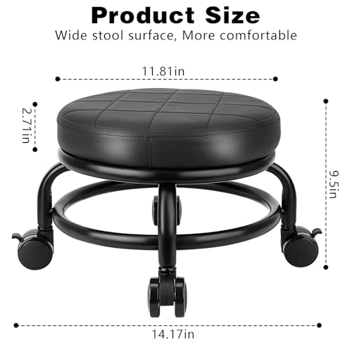 Low Height Rolling Stool with PU Leather Cushion – 9.5in Seat, 250lbs, 360° Castors
