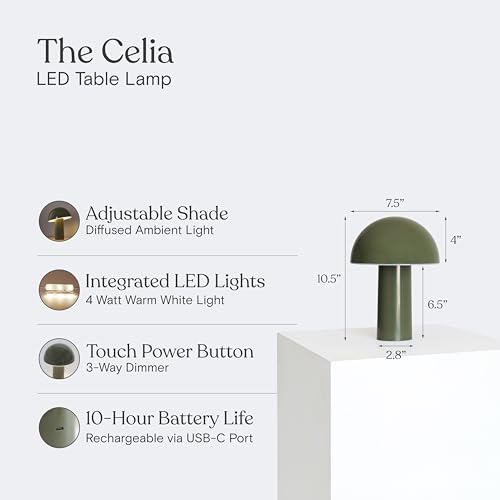 Brightech Celia 10" Green Touch-Controlled Cordless Dimmable LED Table Lamp