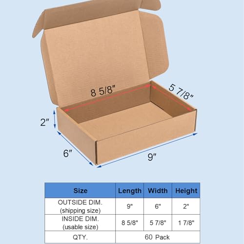 Wowxyz 9x6x2 Inch Brown Corrugated Shipping Boxes 60 Pack - Heavy Duty Cardboard Mailers