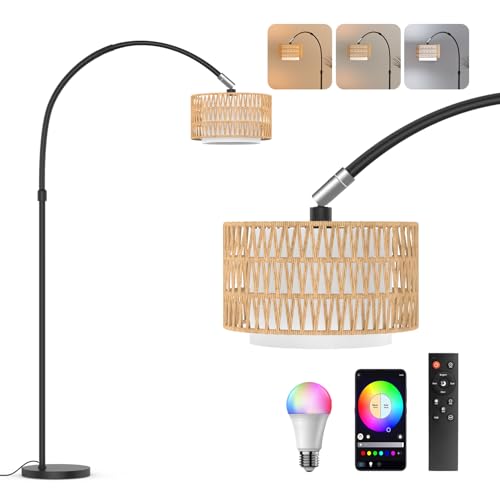 Arc Floor Lamp with Remote Control, Dimmable LED Floor Light with 3 Color Temperature, Black Standing Lamp with Rattan & Fabric Double Drum Shade, Boho Farmhouse Tall Floor Lamp for Living Room