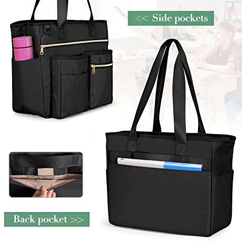 Fasrom Black Teacher Tote Bag for Women with 6 Exterior Pockets, 15.75in Laptop Sleeve