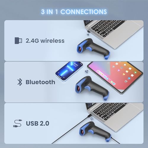 Eyoyo Wireless Bluetooth 1D/2D Barcode Scanner - Blue, Handheld, Cordless