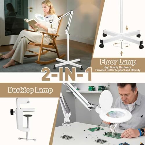 10X Magnifying Glass with Light and Stand, 24W & 2200 Lumens Infinite Warm-Cold Dimming Mag Lamp for Estheticians, 2-in-1 LED Floor Lamp with 4 Wheel Rolling Base for Crafts Reading Facial Nail