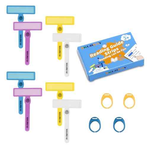 2 Pack Guided Reading Strips, Highlighter Dyslexia Tools for Kids, Colorful Text Overlays for Early Readers, ADHD Finger Trackers Highlight (12 PCS - 8 Wands and 4 Removable Rings)