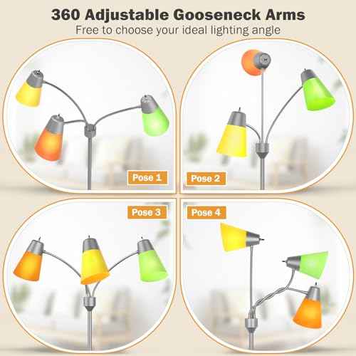 FOLKSMATE LED Floor Lamp, Medusa 3 Head Modern Adjustable Gooseneck Tall Standing Light for Living/Kids Room, Bedroom, Silver Grey