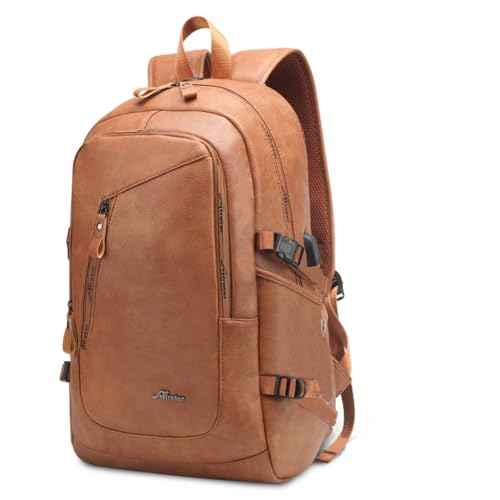 DYJ Vegan Leather Laptop Backpack for Women&Men, PU Vintage Travel Daypacks with USB Charging Port 17 Inch Laptop
