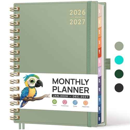 RETTACY 2026-2027 Monthly Planner, Jan 2026 - Dec 2027, Medium Size (5.7" x 8.3"), 2026-2027 Calendar, 24-Month Tabs, Flexible Plastic Cover, Spiral-bound, 100 GSM Thick Paper (Light Green)