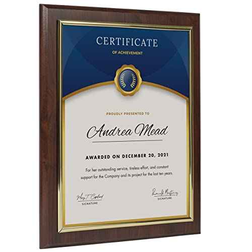 10.5 x 13" Certificate Display Plaque - Offered in Coated Cherry Wood with an 8.5 x 11" Gold Frame - Slide in Your Diploma, Award Certificate, Award of Achievement, Class Photo, and More