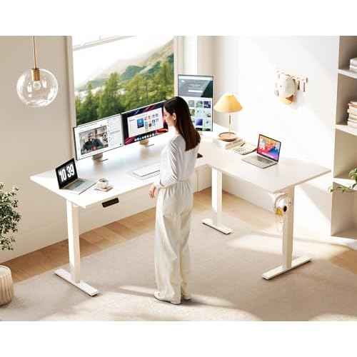 Casaottima 63 Inch Reversible Electric L Shaped Standing Desk, Height Adjustable Corner Stand up Desk, Ergonomic Large Lift Table for Home, Office, Workstation, White