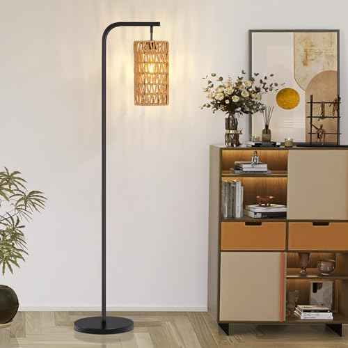 Boho Rattan Floor Lamp for Living Room - Rustic Hand-Made Wicker Farmhouse Standing Lamps with 3000K Soft Light, Foot Switch & Sturdy Base, Bedroom Office Corner Lamp for Reading Sleeping