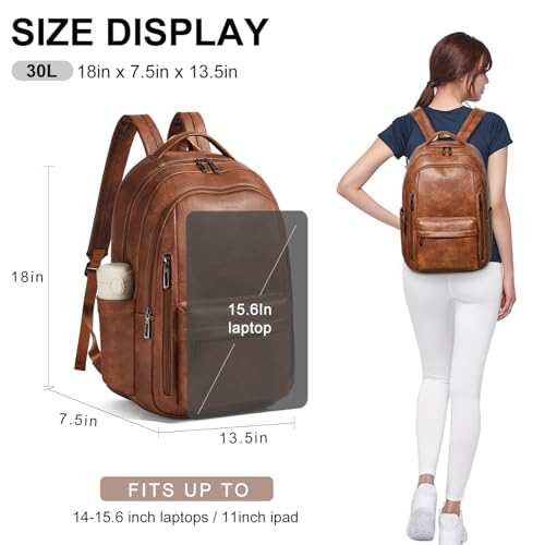 30L Backpack Purse for Women Men Laptop Backpack, Faux Leather Travel Work Backpack Teacher Bookbag fits 15.6" Laptop,Brown
