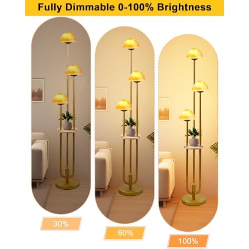 Lightdot Gold Dimmable Floor Lamp with Table, Modern Floor Lamps for Living Room, 3000K Warm Lights Tall Standing Lamp with Mushroom Shades & Bulbs for Bedroom/Office