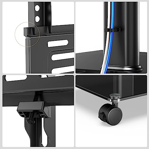 FITUEYES Mobile TV Stand with Wheels for 32-60 65Inch Screen, Rolling TV Floor Stand with Mount, TV Cart with Black Tempered Glass Base & Wire Management, Holds 66 lbs
