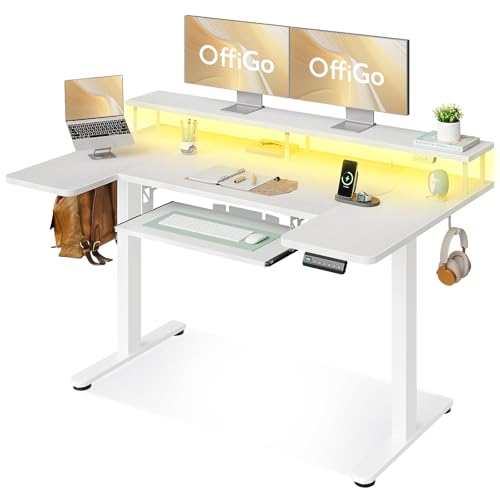 OffiGo 55 Inch U Shaped Electric Standing Desk with Keyboard Tray - White