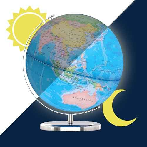 LED Illuminated World Globe with Chrome Rotating Stand ? 3-in-1 Educational Tool for Kids & Adults, Interactive Learning Globe with Constellation Map, Lighted Display, 14 Inch