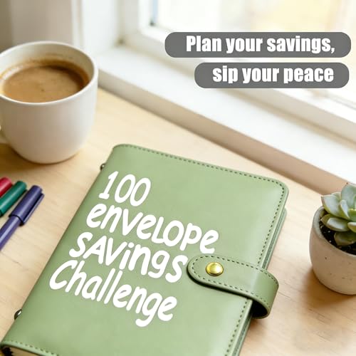 Whitefoxen Olive Green Money Saving Challenge Binder - 100 Envelopes & Tracker, Portable Budget Planner