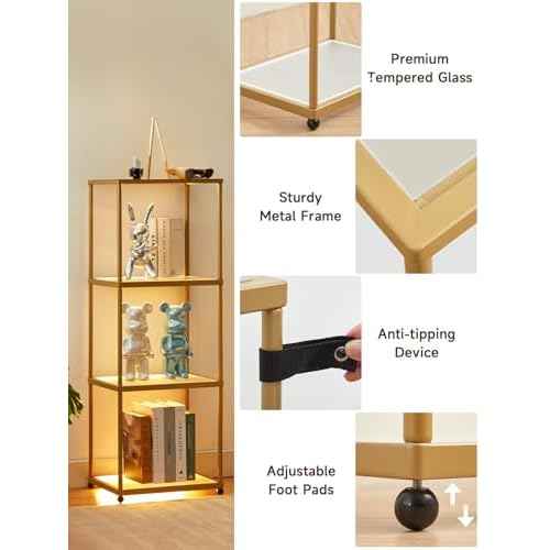 MANBUR Display Shelf with Dimmable LED Floor Lamp, Display Cabinet with Glass Bookcase, Home Decor, Bedroom Decor, Bookshelf with Light, Open Book Shelf with 4-Tier Shelf for Living Room Decor Gold