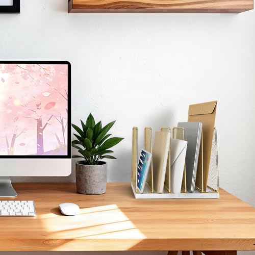 LEKETREE Gold Desk File Organizer - 5-Section Vertical Mesh Metal & Wood, White & Gold