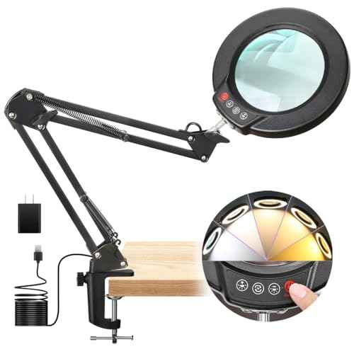 10X Magnifying Glass with Light and Clamp, Real Glass Lens, 5 Color Modes LED Dimmable Magnifier, Hands Free for Crafts, Jewelry, Painting, Sewing, Close Work