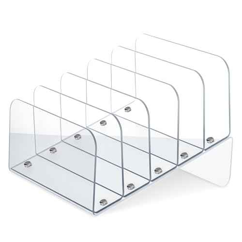 Chunful Acrylic Desk Organizer, 5 Section Desk File Holder Sorter Stand Rack Vertical Organizer Desktop Vinyl Storage Display for Record Album Book Magazine Document Home Office(Clear)