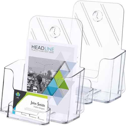 Remerry 4 Set 6.5 Inch Wide Acrylic Brochure with Business Card Holder, Bifold Clear Brochure Display Stand Flyer Literature Magazine Pamphlet Booklet Holder for Desk or Wall Mount Display