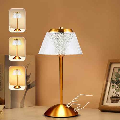 Portable Metal Vintage Desk Lamp with Touch Control, Rechargeable, 3 Color Options, 3-Levels Brightness, Gold Finish for Desk, Living Room & Kitchen