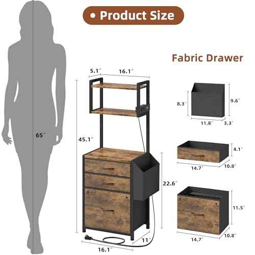 Small 3 Drawer File Cabinet with Charging Station, 45''H, 3-Tier Filing Cabinet for Home Office, 11''*16'' for Small Printer, Fabric Drawer Fits Letter/A4, Tall Printer Stand, Rustic Brown