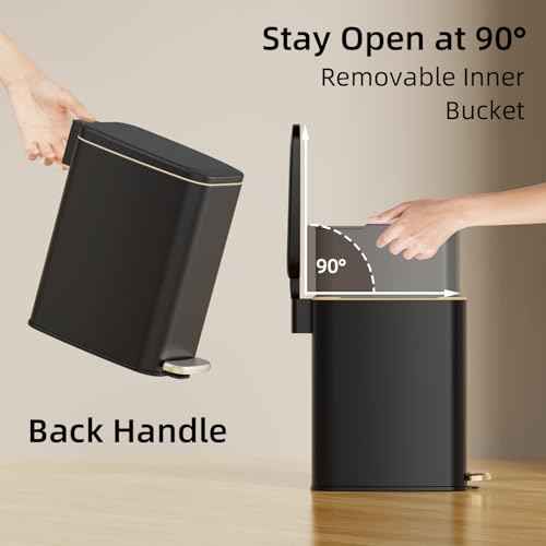 Small Bathroom Trash Can with Lid Soft Close, Step Pedal, 6L / 1.6 Gal Stainless Steel Garbage Bin with Removable Inner Bucket, Slim Wastebasket for Narrow Spaces (Black)