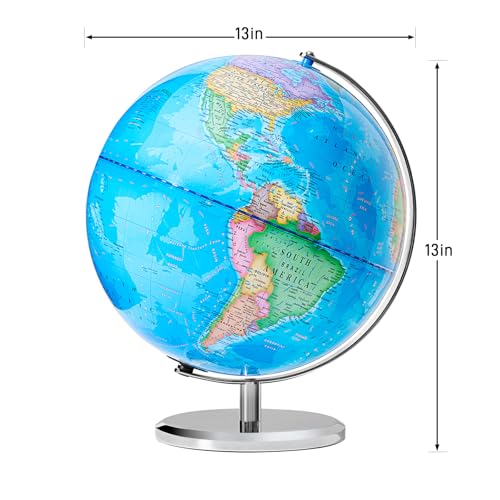 13" World Globe for Kids, Classroom Globe for Education & Decoration with Stable Heavy Metal Base, HD Waterproof Printed & Rewritable Surface